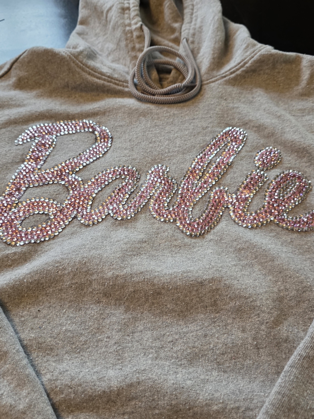 Bedazzled 'Barbie' Hooded Sweatshirt in Light Gray with Pink Rhinestones Size M